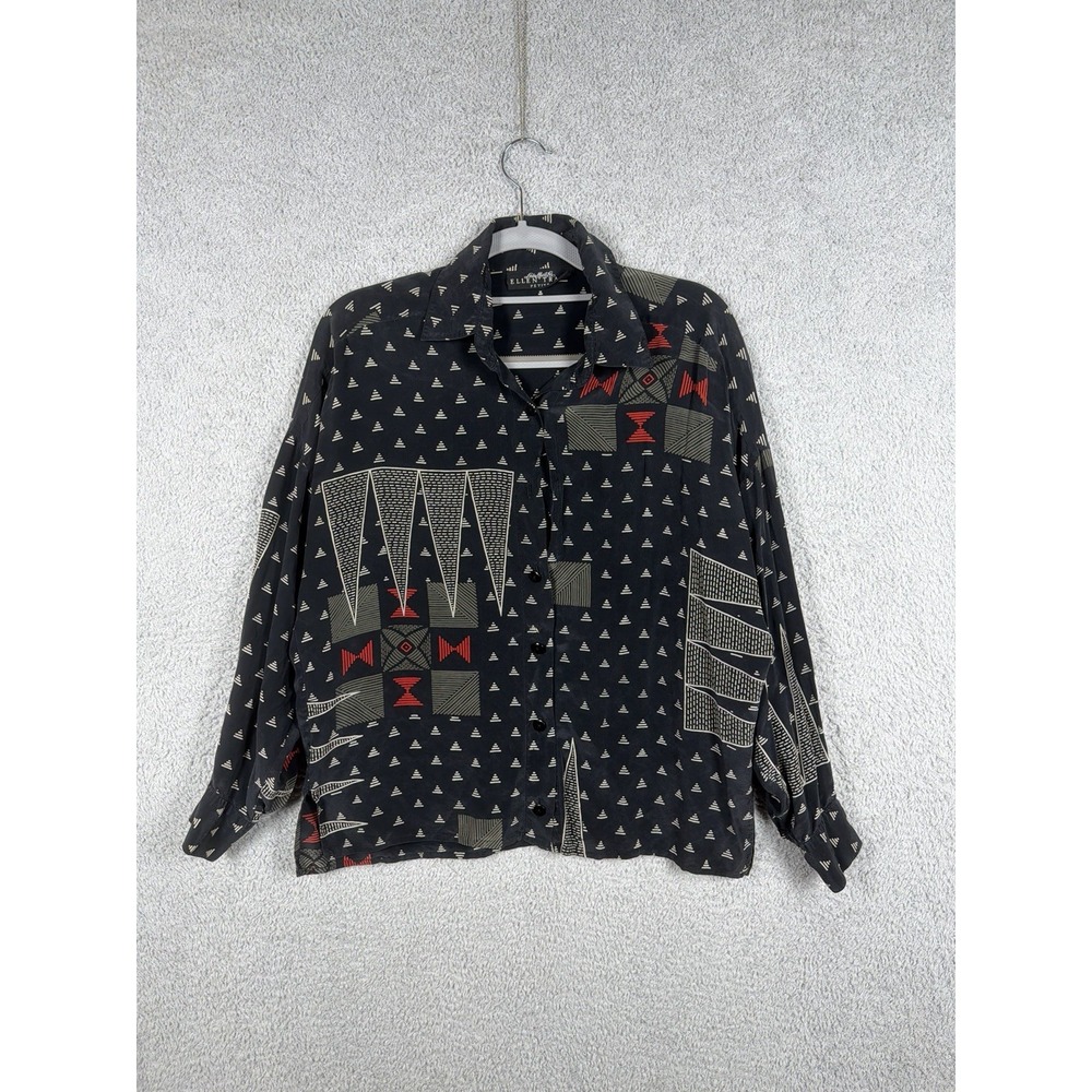 Vintage Ellen Tracy Petite Women's 8 Black 100% Silk Geometric Print Blouse